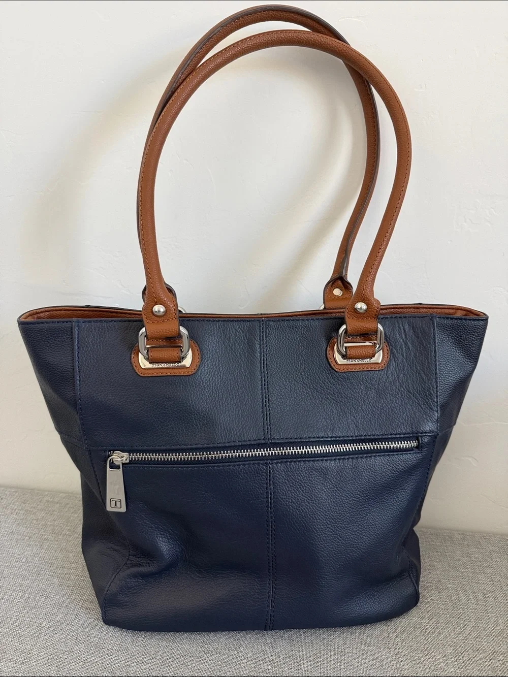 Tignanello leather Navy Tote with Brown Handles